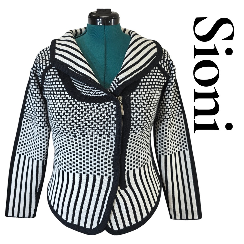 Sioni Cardigan Sweater Womens S Black White Wool Blend Geometric Zip Moto Chic